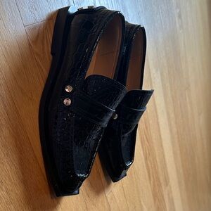 Ganni Black Croc-Embossed Patent Loafers